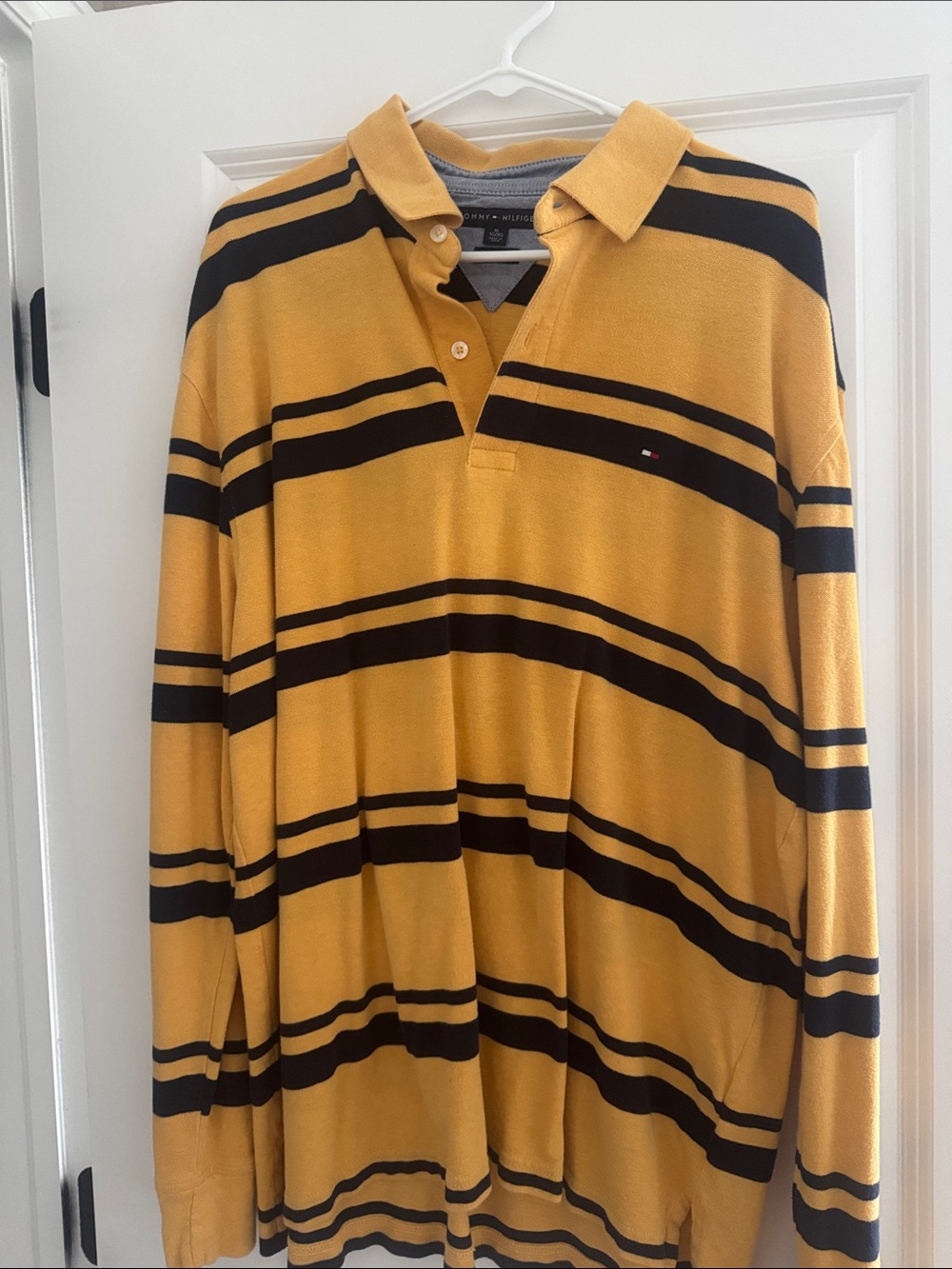 Tommy Hilfiger Men's Mustard Yellow & Black Striped Rugby Polo